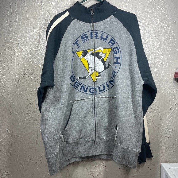 J America Gray Black Full Fleece Lined Pittsburgh Penguins Sweatshirt Mens Large - Picture 1 of 5